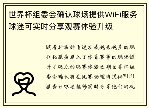 世界杯组委会确认球场提供WiFi服务球迷可实时分享观赛体验升级